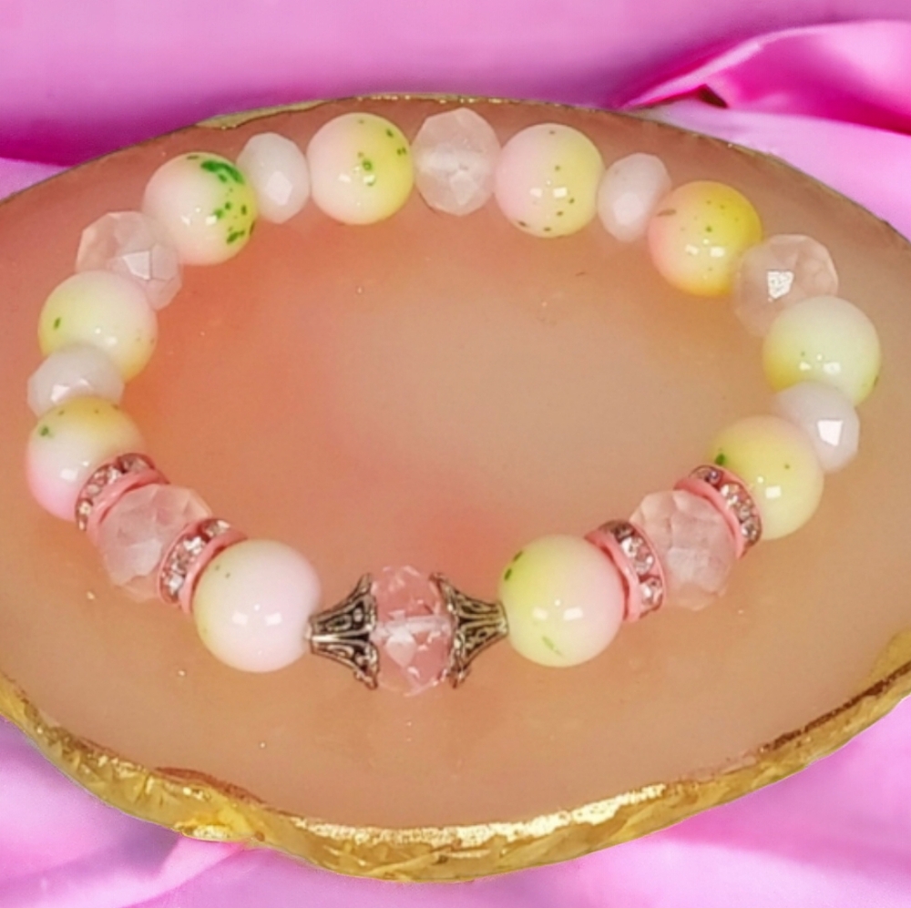 Pastel Pink & Yellow Stretch Bracelet Y2K Bloomcore Modern Retro Glam Soft Girl